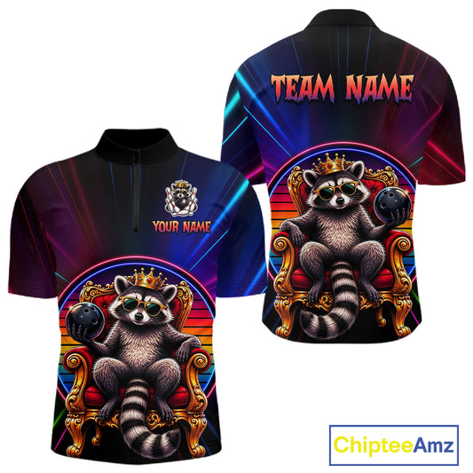 Two views of neon quarter-zip jersey with raccoon design and customizable text on a white background