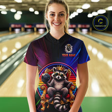 Load image into Gallery viewer, Person wearing a neon bowling shirt with a raccoon design in a bowling alley.