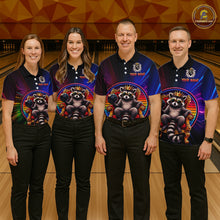 Load image into Gallery viewer, Four people wearing matching neon shirts with a raccoon design in a bowling alley.