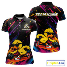 Load image into Gallery viewer, Front and back views of a short-sleeve polo shirt featuring a cartoon yellow duck wearing black sunglasses and red sneakers, set against a black background with colorful paint splatters. The front has a team logo and 'YOUR NAME' text, and the back has 'TEAM NAME' text.