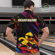 Load image into Gallery viewer, A man viewed from behind wearing a short-sleeve bowling shirt with a colorful abstract design and a cartoon duck holding a bowling ball. The shirt has 'TEAM NAME' printed across the upper back.