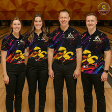 Load image into Gallery viewer, Four people standing together in a bowling alley wearing matching black short-sleeve bowling shirts with a colorful cosmic pattern and a large yellow duck graphic on the front, paired with black pants.