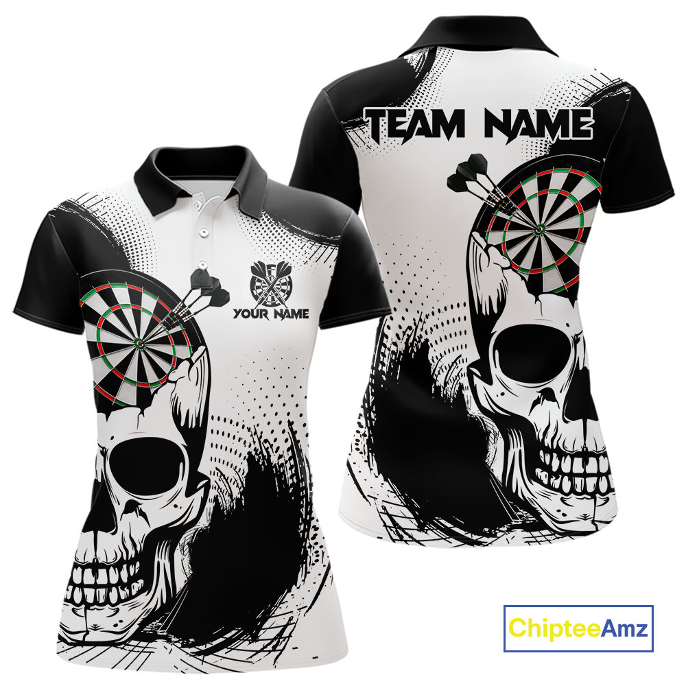 Personalized Skull Dart Shirts for Women Custom Black & White Dart Jersey Polo & Quarter-Zip Dartboard Shirt DHT24