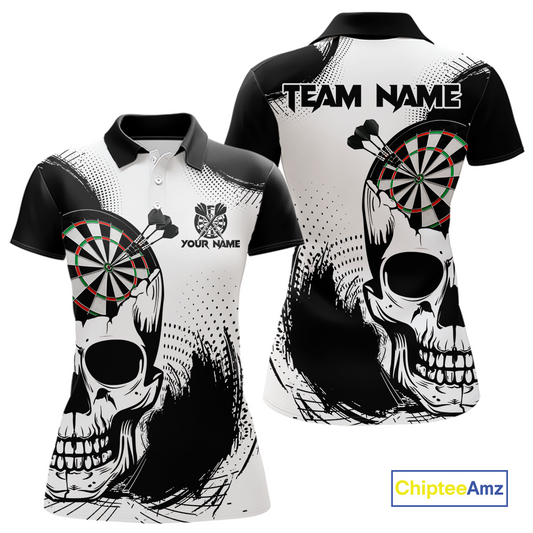 Personalized Skull Dart Shirts for Women Custom Black & White Dart Jersey Polo & Quarter-Zip Dartboard Shirt DHT24