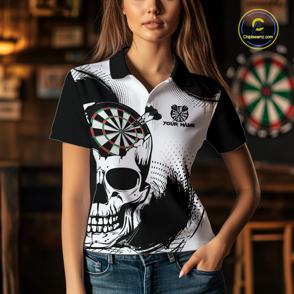 Personalized Skull Dart Shirts for Women Custom Black & White Dart Jersey Polo & Quarter-Zip Dartboard Shirt DHT24