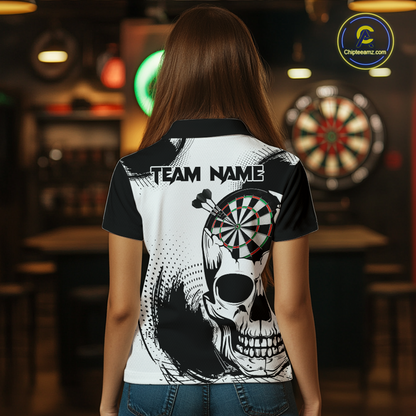 Personalized Skull Dart Shirts for Women Custom Black & White Dart Jersey Polo & Quarter-Zip Dartboard Shirt DHT24
