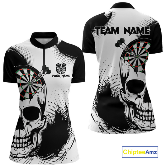 Personalized Skull Dart Shirts for Women Custom Black & White Dart Jersey Polo & Quarter-Zip Dartboard Shirt DHT24