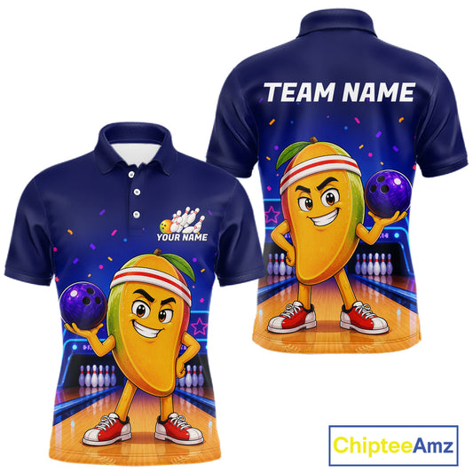 Navy blue polo shirt with cartoon mango character holding a bowling ball, 'Team Name' text on back, and 'Chiptee Amz' branding.