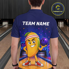 Load image into Gallery viewer, Person wearing a blue bowling shirt with a cartoon character and 'TEAM NAME' text in a bowling alley.