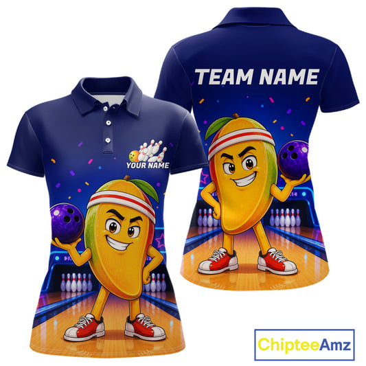 Navy blue polo shirt with cartoon mango character bowling, customizable text on a white background