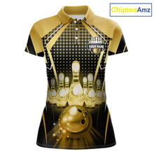 Load image into Gallery viewer, Front view custom black gold bowling polo shirt featuring a glowing bowling ball, illuminated bowling pins and gold geometric light beam pattern, personalized with player name