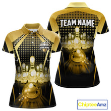 Load image into Gallery viewer, Front and back view custom black gold bowling polo shirt featuring a glowing bowling ball, illuminated bowling pins and gold geometric light beam pattern, personalized with team name and player name