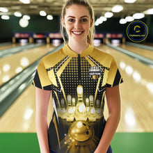 Load image into Gallery viewer, Male model wearing a custom black gold bowling quarter-zip shirt front view featuring a glowing bowling ball, illuminated bowling pins and gold geometric light beam pattern at the bowling alley
