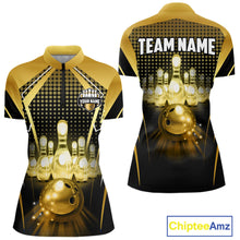 Load image into Gallery viewer, Front and back view custom black gold bowling quarter-zip shirt featuring a glowing bowling ball, illuminated bowling pins and gold geometric light beam design, personalized with team name and player name
