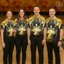 Load image into Gallery viewer, Group of four wearing custom black gold bowling shirts front view featuring glowing bowling ball artwork, illuminated bowling pins and gold geometric light beam pattern at the bowling alley