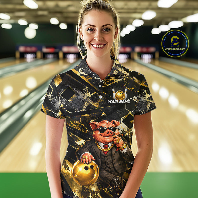 Custom Funny Mafia Pig Bowling Shirt, Black and Gold Bowling League Jersey for Women, Bowling Outfit QZT1203