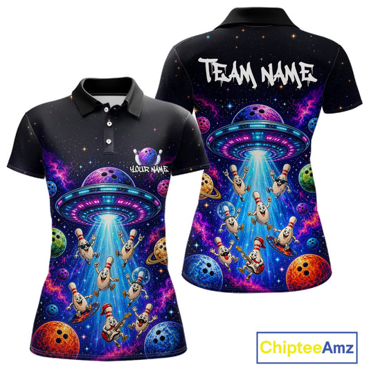 Black polo shirt with colorful UFO and alien design on front and back, featuring 'Chiptee Amz' branding.