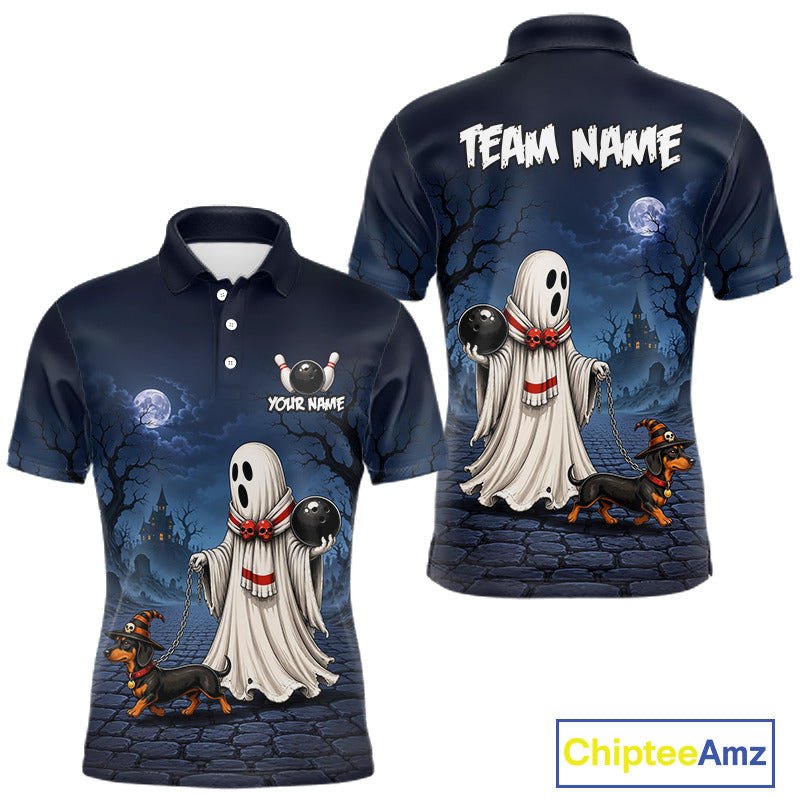 A short-sleeve polo shirt shown from both front and back on a white background. The shirt features a Halloween night scene with a ghost,a dachshund full moon, haunted castle, cobblestone path