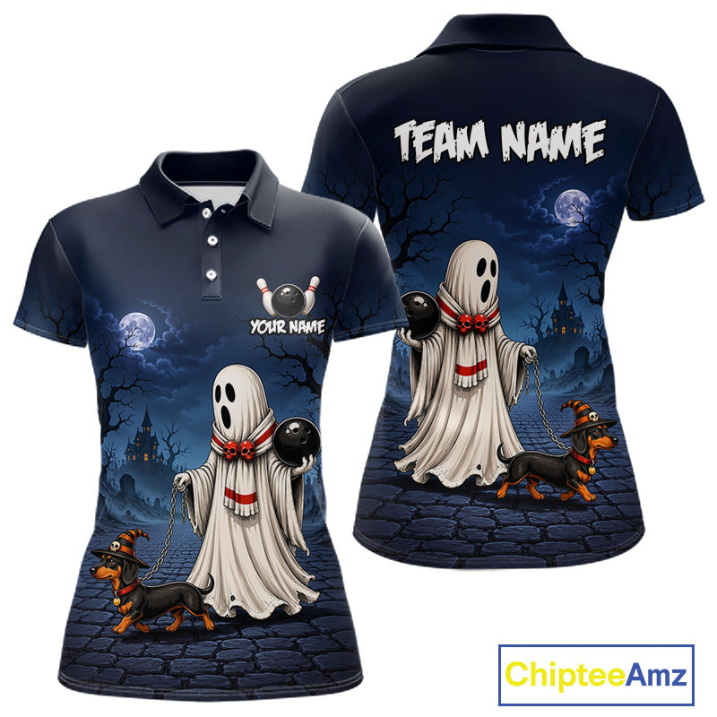 Front and back views of a dark navy blue short-sleeve polo shirt with a Halloween graphic print. The design features cartoon ghosts holding black balls, a dachshund, a haunted house, full moons, and a cobblestone street.