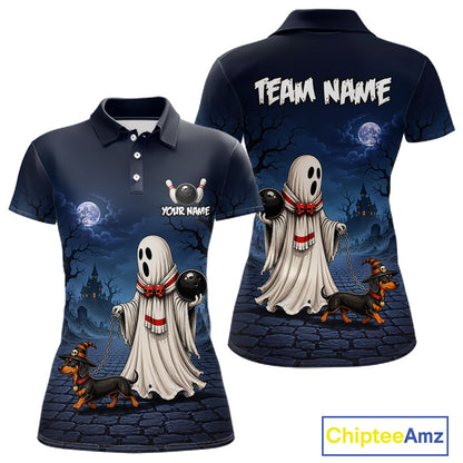 Front and back views of a dark navy blue short-sleeve polo shirt with a Halloween graphic print. The design features cartoon ghosts holding black balls, a dachshund, a haunted house, full moons, and a cobblestone street.