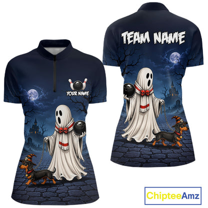 Front and back views of a dark navy blue short-sleeve quarter-zip shirt with a Halloween-themed graphic print. The design features a white ghost holding a black ball on a cobblestone street at night, accompanied by a dachshund wearing a witch hat.