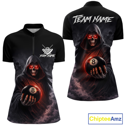 Custom Grim Reaper Billiard Shirts for Women 8 Ball Pool Shirt Polo & Quarter-Zip Billiard Jersey Unisex BHT7