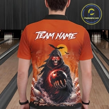 Load image into Gallery viewer, Male model wearing a custom orange grim reaper bowling polo shirt back view displaying the personalized team name above a hooded grim reaper artwork at the bowling alley