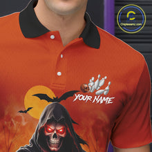Load image into Gallery viewer, Close-up front view of a custom orange grim reaper bowling polo shirt showing the personalized player name, hooded grim reaper graphic and fiery sunset design