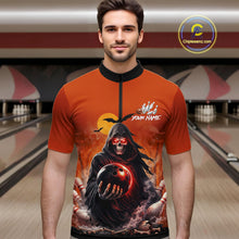 Load image into Gallery viewer, Male model wearing a custom orange grim reaper bowling quarter-zip shirt front view featuring a hooded grim reaper, glowing bowling ball, fiery smoke effect and sunset background at the bowling alley