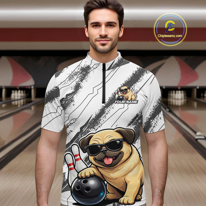 Funny Pug Dog Bowling Team Shirt for Men Custom Bowling Jersey Polo & 1/4-Zip Bowling Unisex QZT984