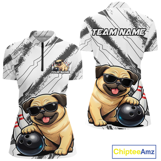 Funny Pug Dog Bowling Team Shirt for Women Custom Bowling Jersey Polo & 1/4-Zip Bowling Unisex QZT984