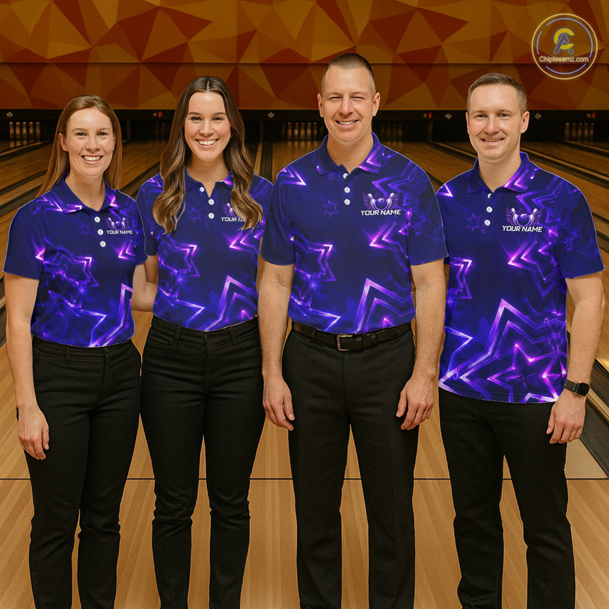 Custom Neon Purple Star Bowling Shirt for Men Bowling Jersey Polo & Quarter-Zip QZT1025