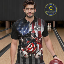 Load image into Gallery viewer, Man wearing a custom polo shirt with a graphic design in a bowling alley