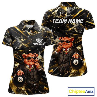 Custom Black & Gold Billiard Shirt Funny Pig 8 Ball Pool Team Jersey for Women Polo & 1/4 Zip BHT108