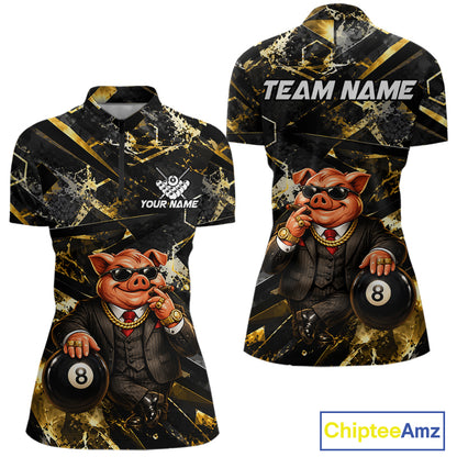 Custom Black & Gold Billiard Shirt Funny Pig 8 Ball Pool Team Jersey for Women Polo & 1/4 Zip BHT108