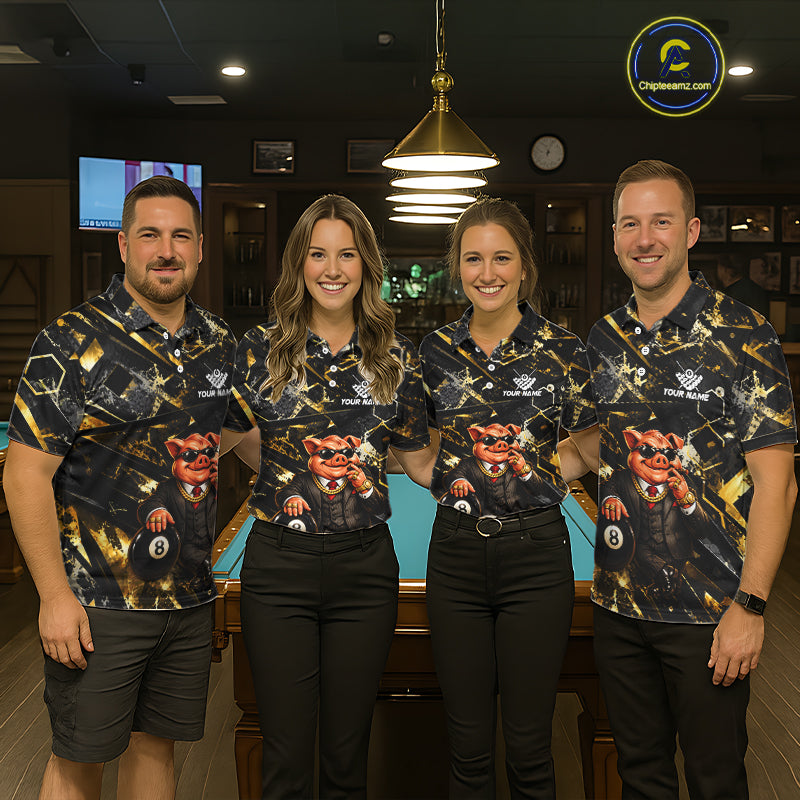 Custom Black & Gold Billiard Shirt Funny Pig 8 Ball Pool Team Jersey for Women Polo & 1/4 Zip BHT108