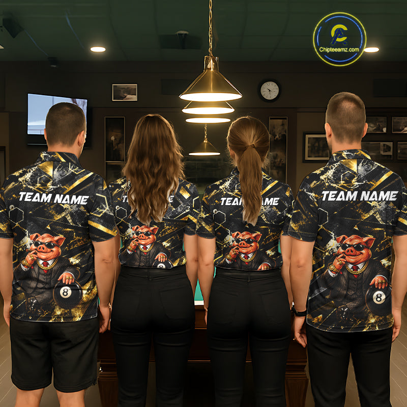Custom Black & Gold Billiard Shirt Funny Pig 8 Ball Pool Team Jersey for Women Polo & 1/4 Zip BHT108
