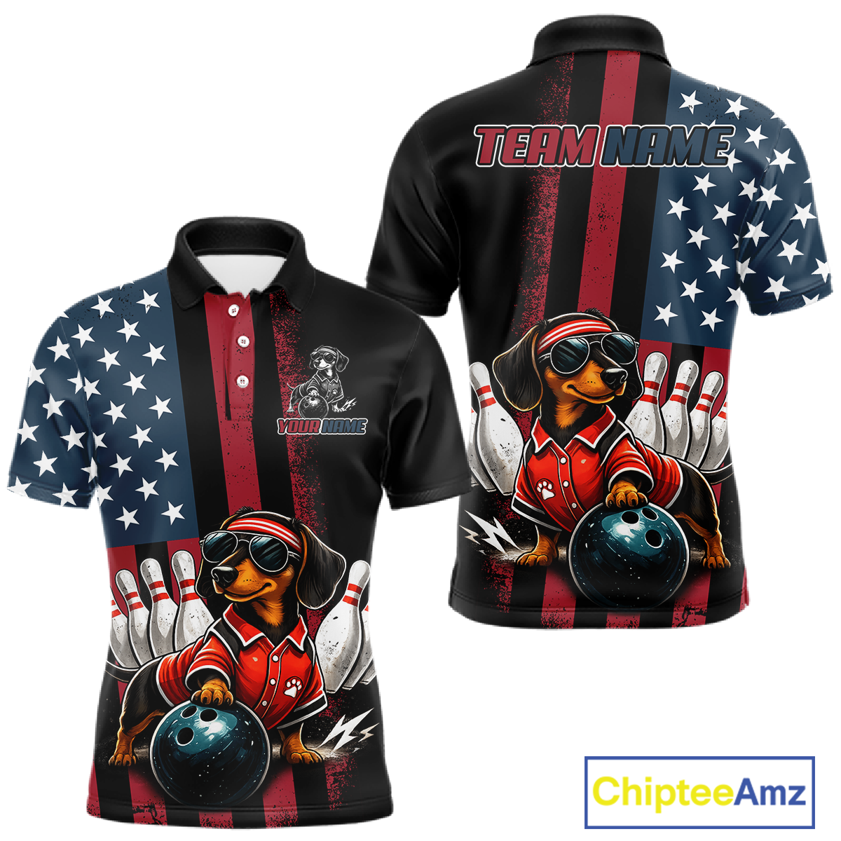 Polo shirt with dachshund bowling design on American flag background, featuring 'Chiptee Amz' brand.