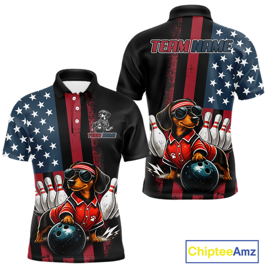 Polo shirt with dachshund bowling design on American flag background, featuring 'Chiptee Amz' brand.
