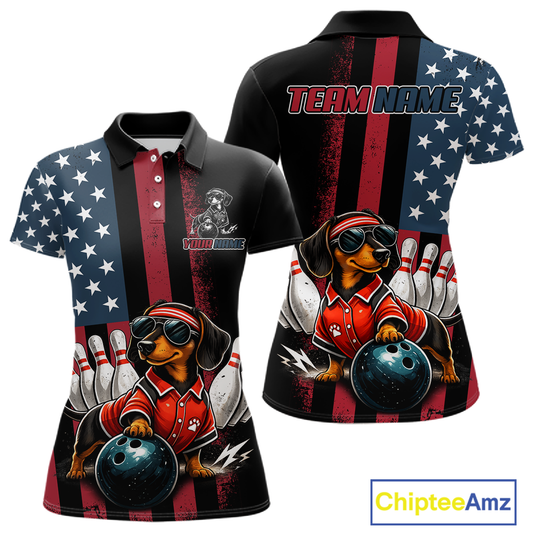 Polo shirt with dachshund bowling design and American flag pattern, featuring 'Chiptee Amz' branding.