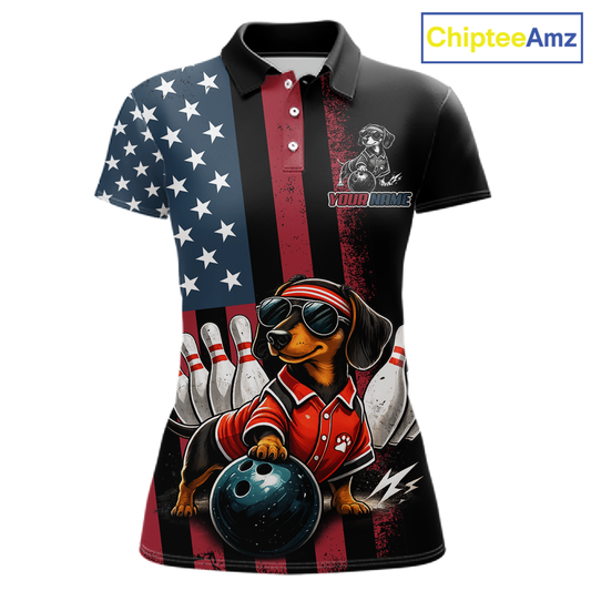Polo shirt with a dachshund bowling design and American flag pattern, brand 'ChipteeAmz' visible.