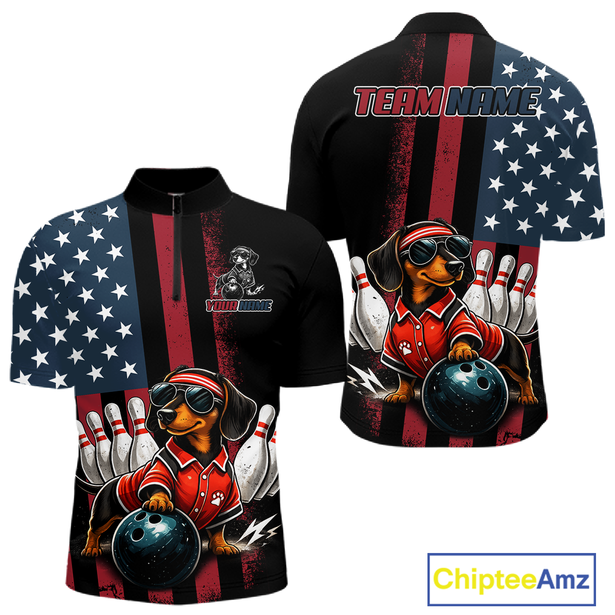 Two views of a shirt with a dachshund bowling design on an American flag background, featuring the brand 'Chiptee Amz'.
