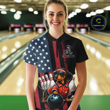 Load image into Gallery viewer, Person wearing a black shirt with a dog bowling design in a bowling alley.