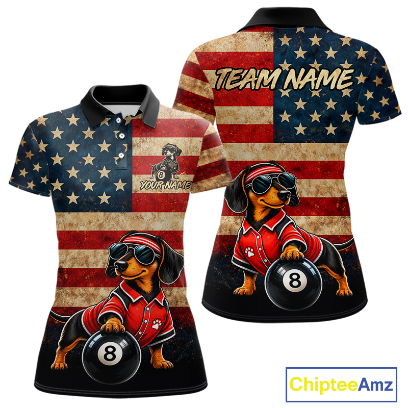 Custom short-sleeve polo shirt shown from the front and back, featuring a distressed American flag background with a cartoon dachshund wearing a red jersey and holding an 8-ball, plus customizable text areas. A ChipteeAmz logo appears in the bottom right corner.