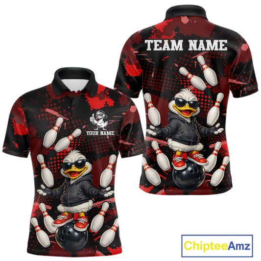 Custom Red Funny Duck Bowling Shirt for Men Bowling Jersey Polo & 1/4 Zip Bowling Outfit QZT943