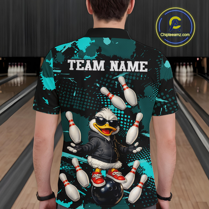 Custom Turquoise Funny Duck Bowling Shirt for Men Bowling Jersey Polo & 1/4 Zip Bowling Outfit QZT943