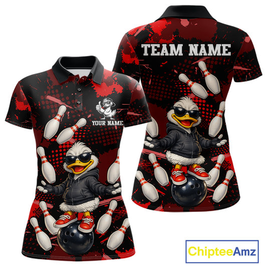 Custom Red Funny Duck Bowling Shirt for Women Bowling Jersey Polo & 1/4 Zip Bowling Outfit QZT943