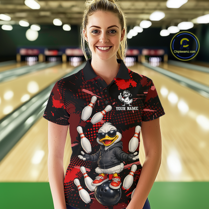 Custom Red Funny Duck Bowling Shirt for Women Bowling Jersey Polo & 1/4 Zip Bowling Outfit QZT943