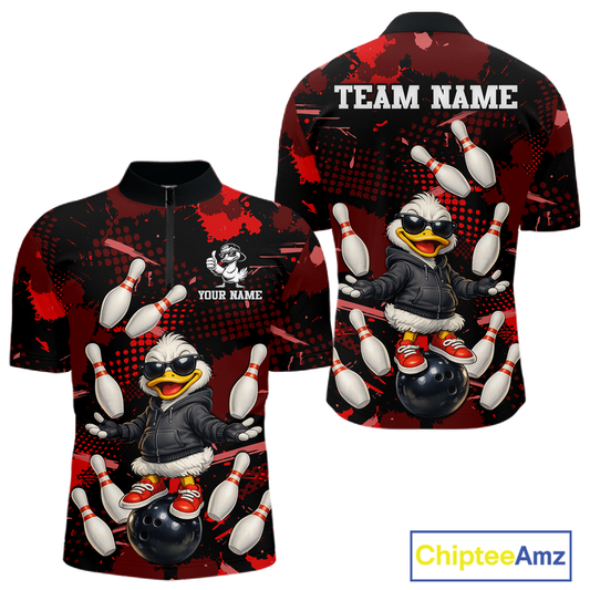 Custom Red Funny Duck Bowling Shirt for Men Bowling Jersey Polo & 1/4 Zip Bowling Outfit QZT943