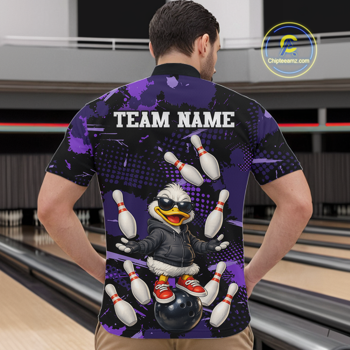 Custom Purple Funny Duck Bowling Shirt for Men Bowling Jersey Polo & 1/4 Zip Bowling Outfit QZT943